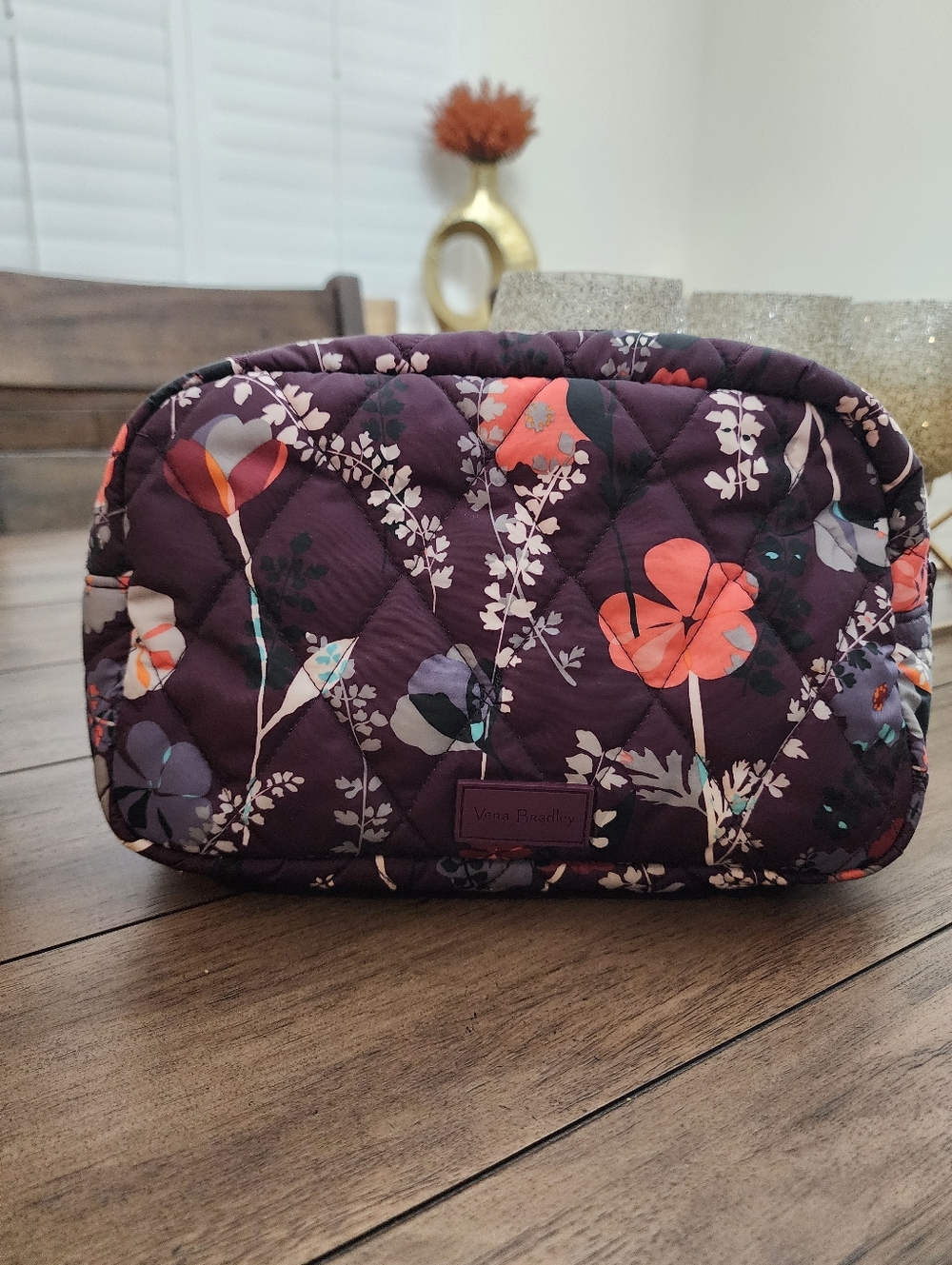Vera Bradley Plum Floral Quilted Makeup Pouch with Coral Accents